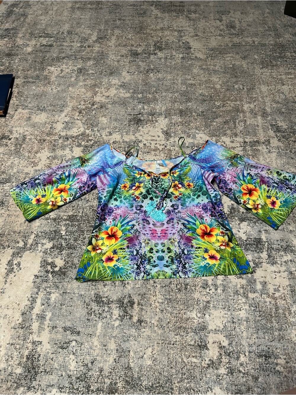VENUS Tropical Floral Cold-Shoulder Blouse in Blue, Green, Yellow